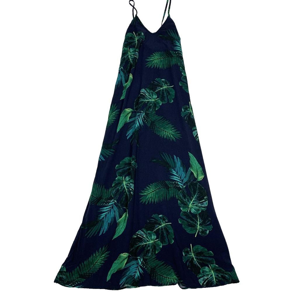 Old Navy Womens XS Batik Tropical Leaf Navy Green Rayon Maxi Dress Sundress